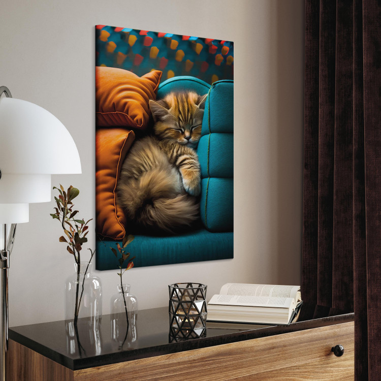Canvas Art Print AI Cat - Cute Animal Sleeping Between Comfortable Pillows - Vertical 150109 additionalImage 5