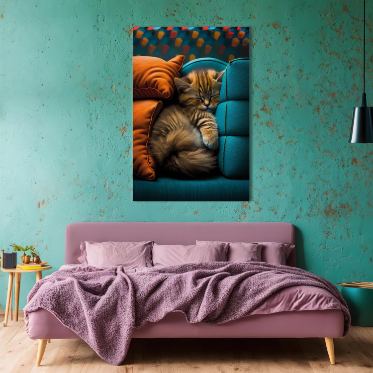 Canvas Art Print AI Cat - Cute Animal Sleeping Between Comfortable Pillows - Vertical 150109 additionalImage 3