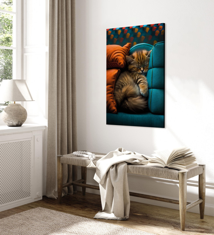 Canvas Art Print AI Cat - Cute Animal Sleeping Between Comfortable Pillows - Vertical 150109 additionalImage 10