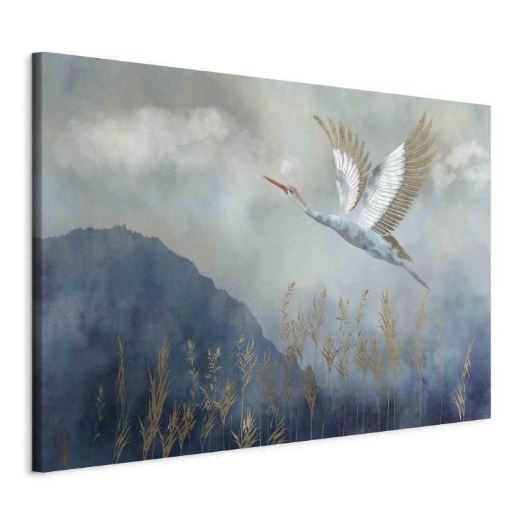 Canvas Art Print A Heron in Flight - A Bird Flying Against the Background of Dark Blue Mountains Covered With Fog 151209 additionalImage 2