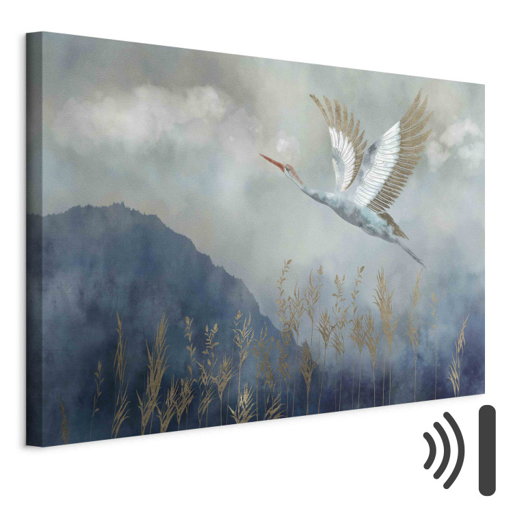 Canvas Art Print A Heron in Flight - A Bird Flying Against the Background of Dark Blue Mountains Covered With Fog 151209 additionalImage 8