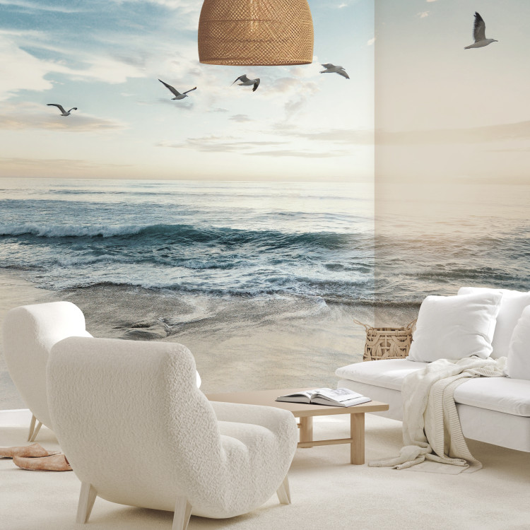 Wall Mural Lonely Beach - Seascape With Rough Waves and Birds 160009
