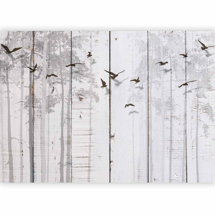Wall Mural Minimalist motif - black birds on a white background with wood texture 106619 additionalImage 1
