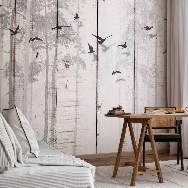 Wall Mural Minimalist motif - black birds on a white background with wood texture 106619 additionalImage 4