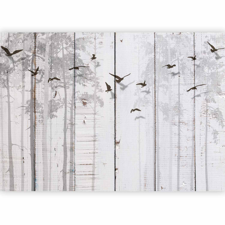 Wall Mural Minimalist motif - black birds on a white background with wood texture 106619 additionalImage 5