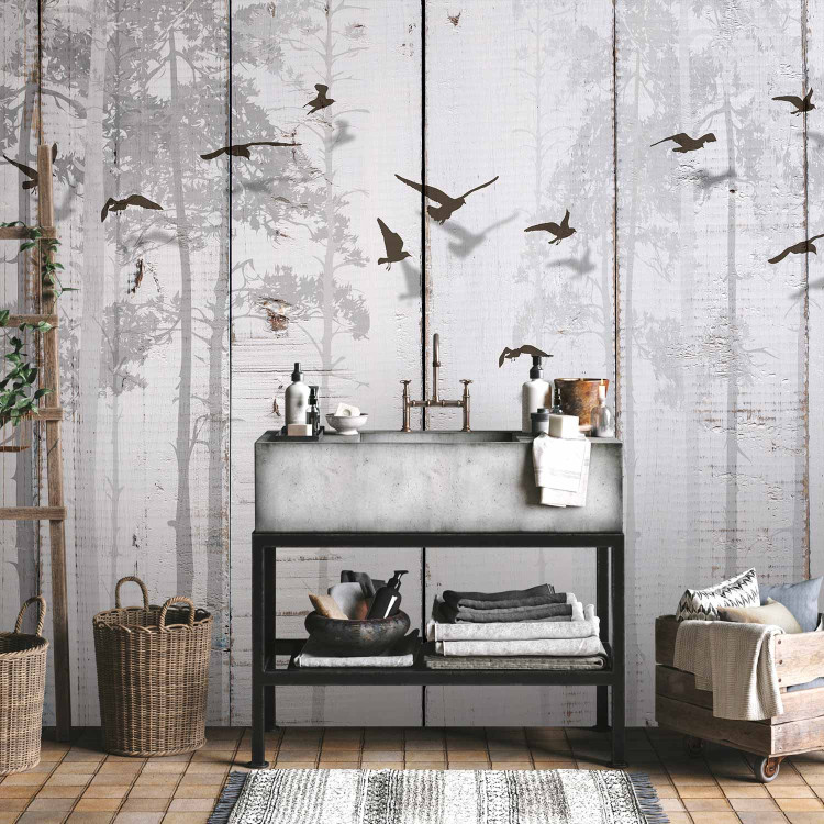 Wall Mural Minimalist motif - black birds on a white background with wood texture 106619 additionalImage 8