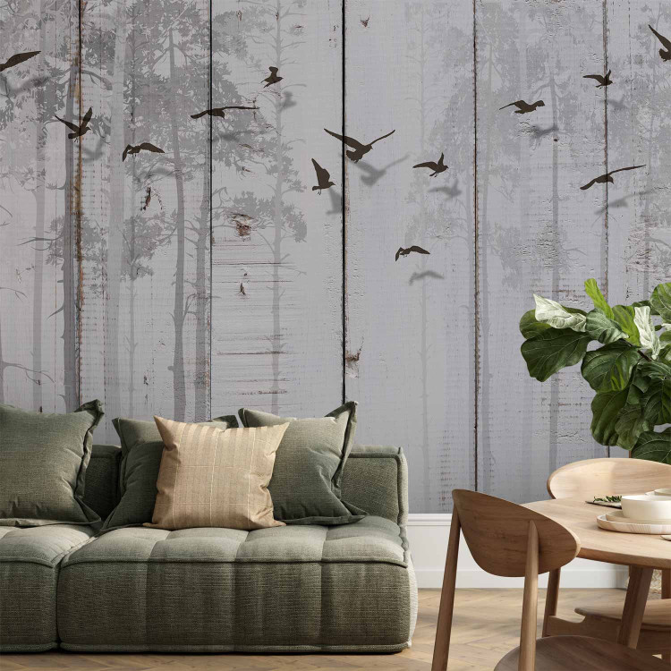 Wall Mural Minimalist motif - black birds on a white background with wood texture 106619