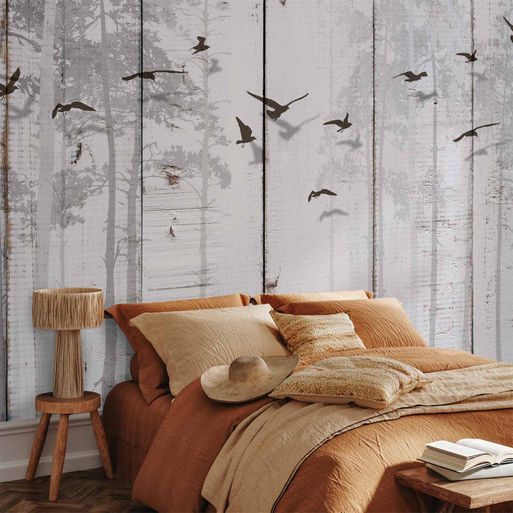 Wall Mural Minimalist motif - black birds on a white background with wood texture 106619 additionalImage 2