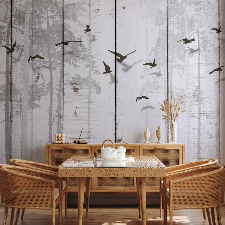 Wall Mural Minimalist motif - black birds on a white background with wood texture 106619 additionalImage 6