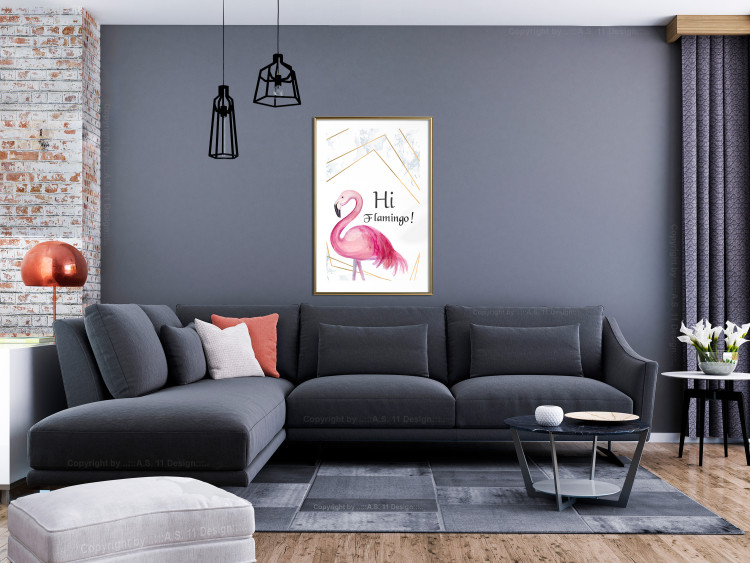 Wall Poster Hi Flamingo! - geometric composition with a pink bird and texts 115319 additionalImage 13
