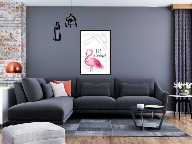 Wall Poster Hi Flamingo! - geometric composition with a pink bird and texts 115319 additionalImage 4