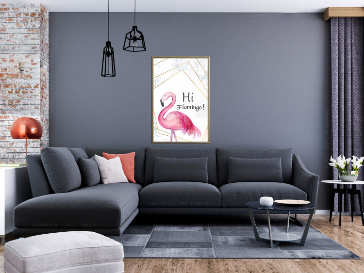 Wall Poster Hi Flamingo! - geometric composition with a pink bird and texts 115319 additionalImage 7