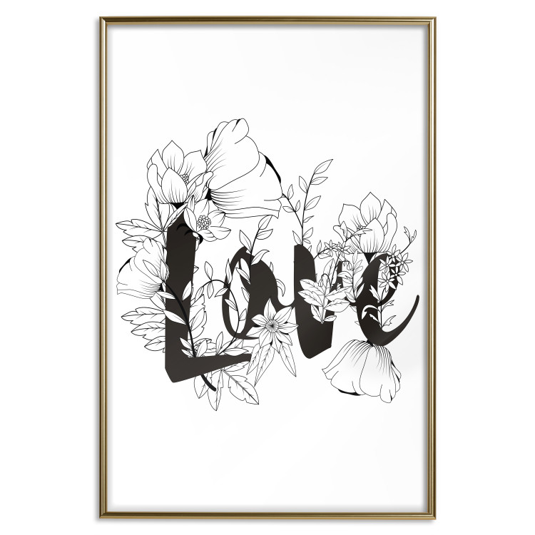 Wall Poster Love in Flowers - black and white composition with a sign among vegetation 116519 additionalImage 16