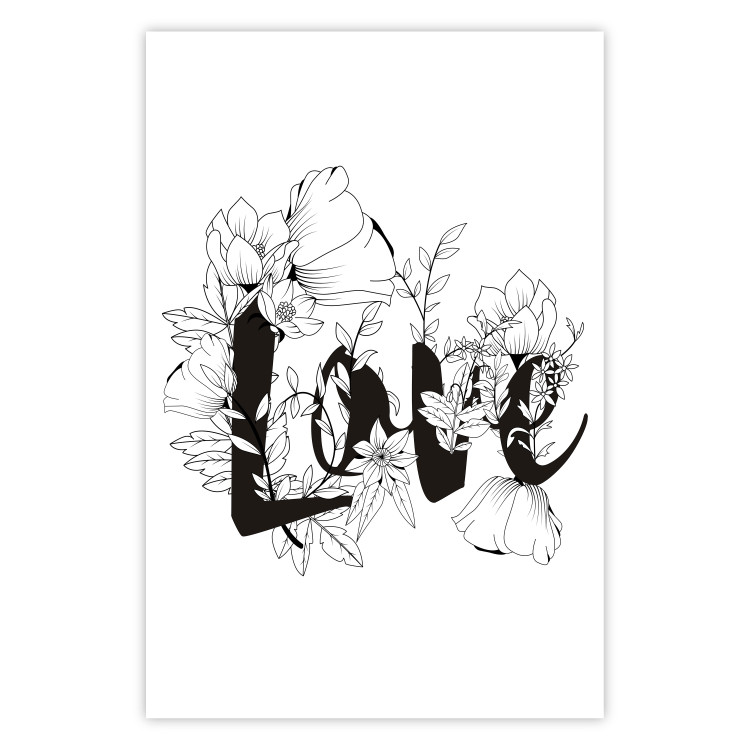 Wall Poster Love in Flowers - black and white composition with a sign among vegetation 116519