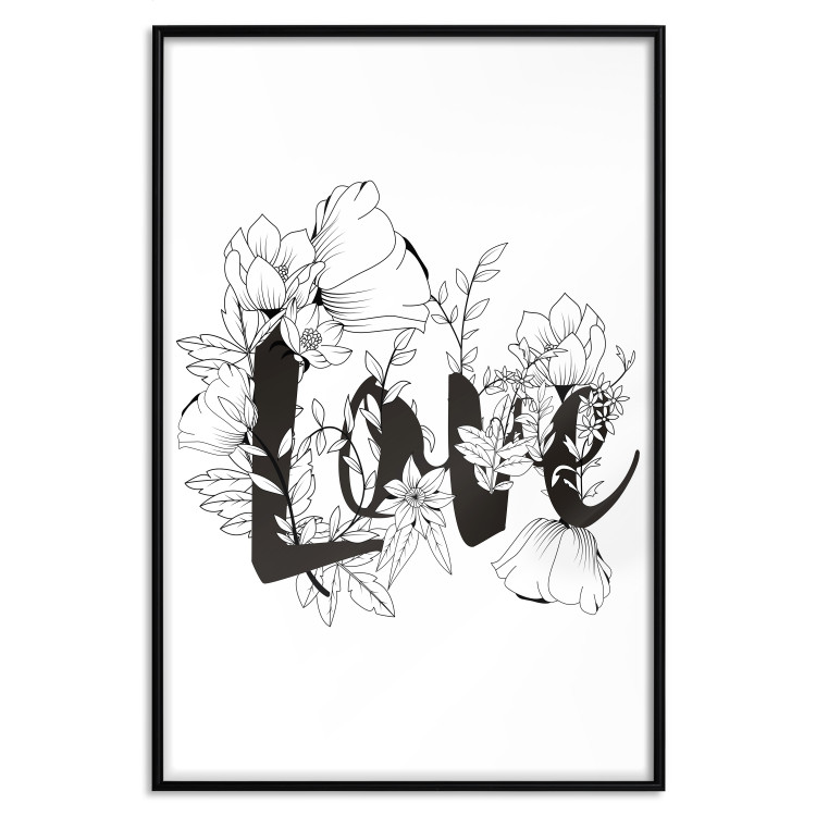 Wall Poster Love in Flowers - black and white composition with a sign among vegetation 116519 additionalImage 18