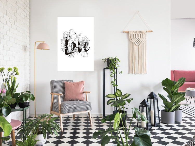 Wall Poster Love in Flowers - black and white composition with a sign among vegetation 116519 additionalImage 2