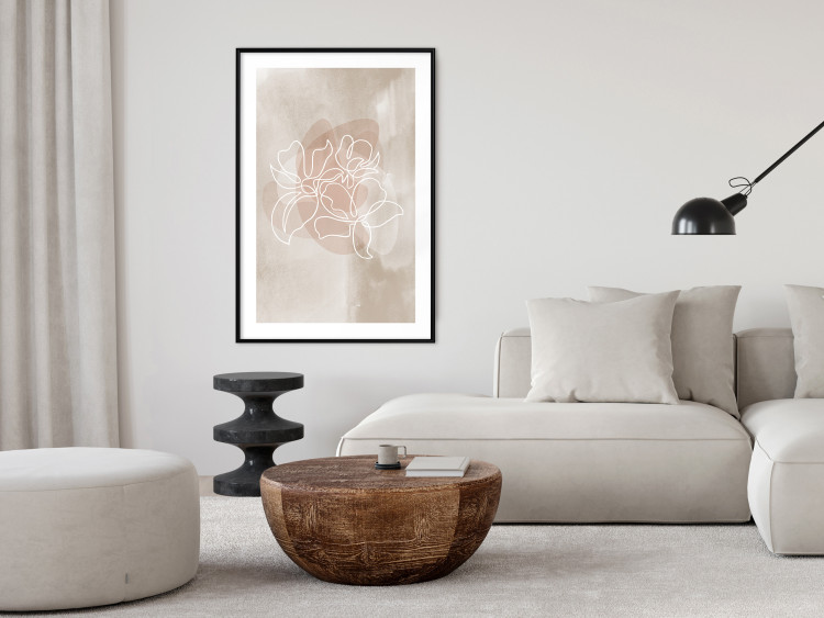 Poster Blossoming Scent - white line art of a flower on an abstract beige background 130819 additionalImage 18