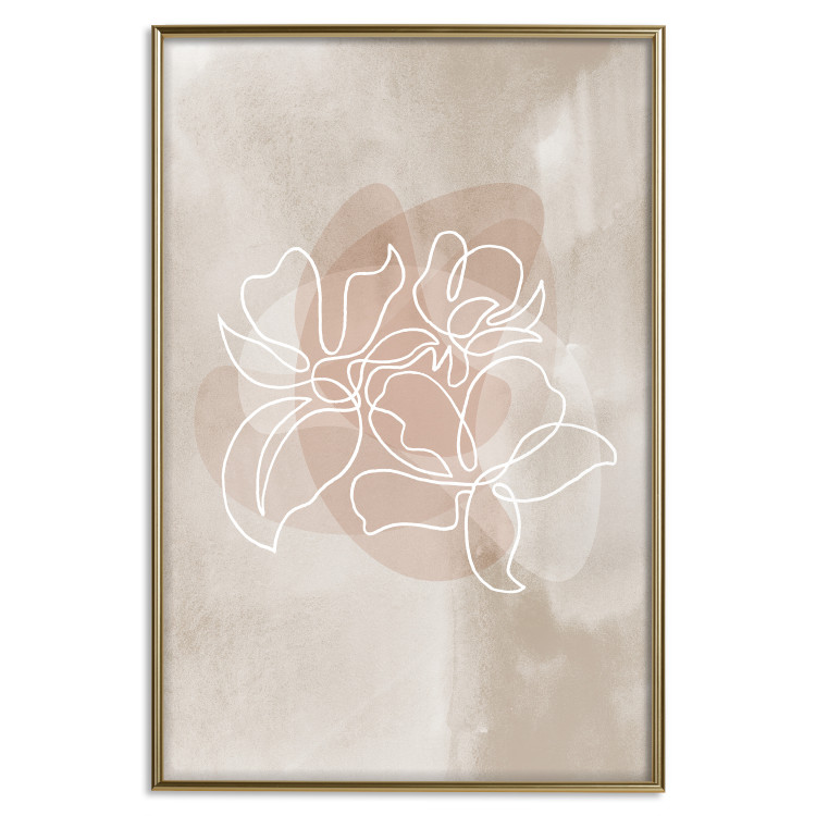 Poster Blossoming Scent - white line art of a flower on an abstract beige background 130819 additionalImage 21