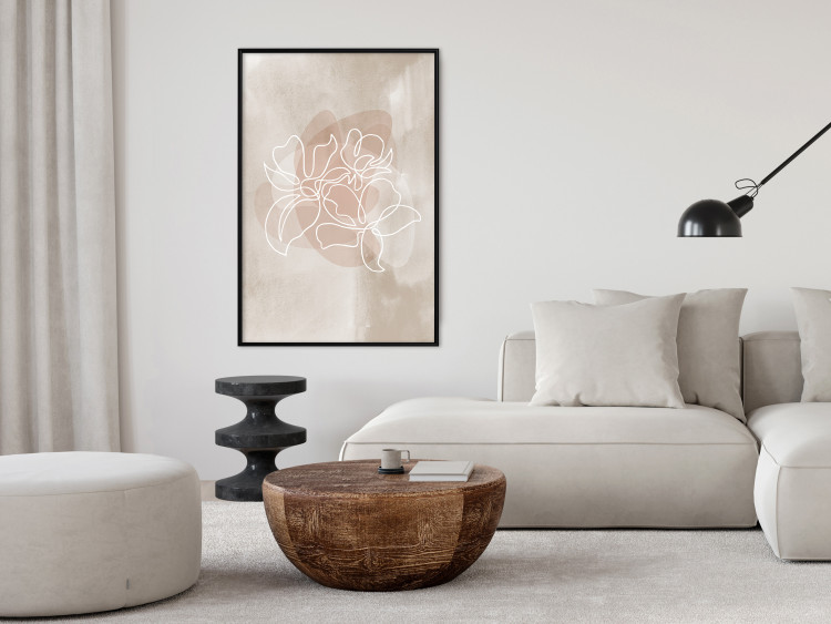Poster Blossoming Scent - white line art of a flower on an abstract beige background 130819 additionalImage 4