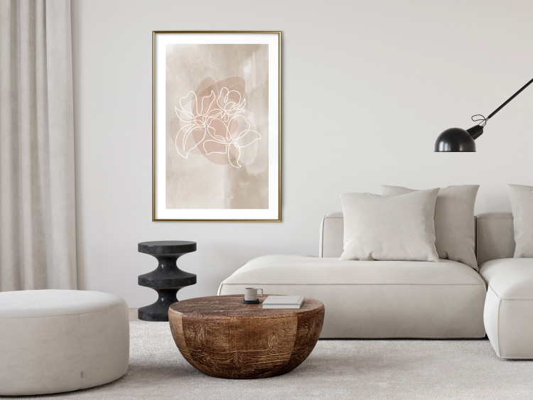 Poster Blossoming Scent - white line art of a flower on an abstract beige background 130819 additionalImage 15