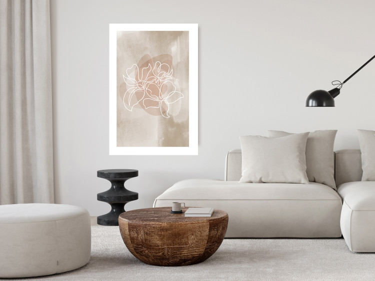 Poster Blossoming Scent - white line art of a flower on an abstract beige background 130819 additionalImage 3