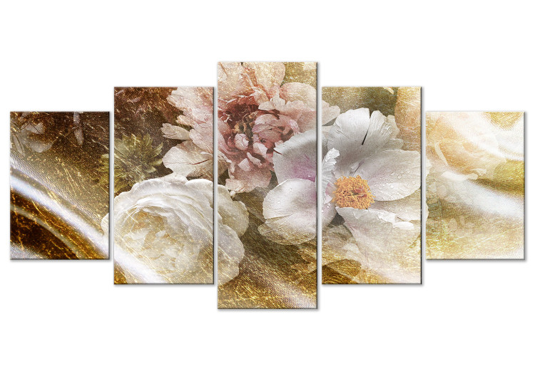 Canvas Art Print Peonies and Roses (5-piece) Wide - assorted flowers with a golden touch 143419