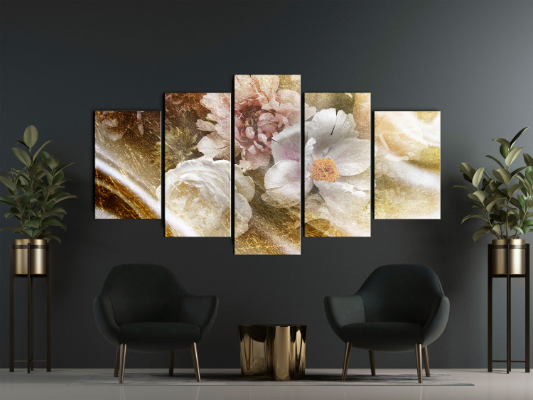 Canvas Art Print Peonies and Roses (5-piece) Wide - assorted flowers with a golden touch 143419 additionalImage 3