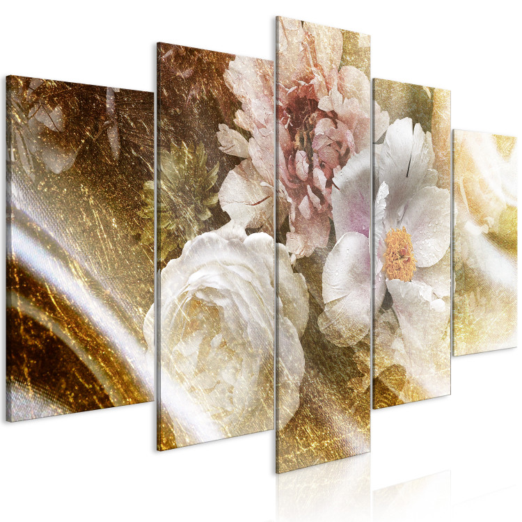 Canvas Art Print Peonies and Roses (5-piece) Wide - assorted flowers with a golden touch 143419 additionalImage 2