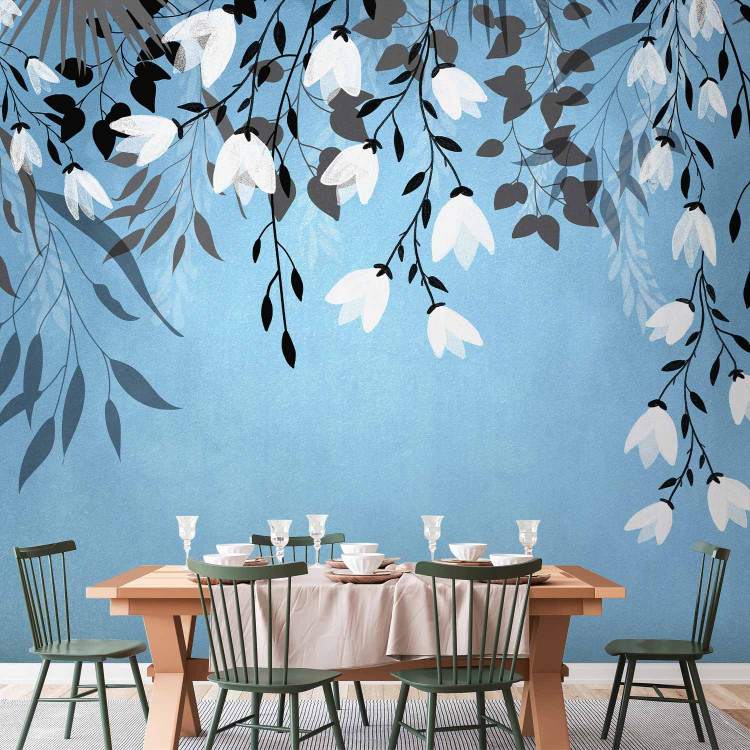 Wall Mural Blue energy - landscape with a loose composition of leaves and white flowers 143519 additionalImage 6