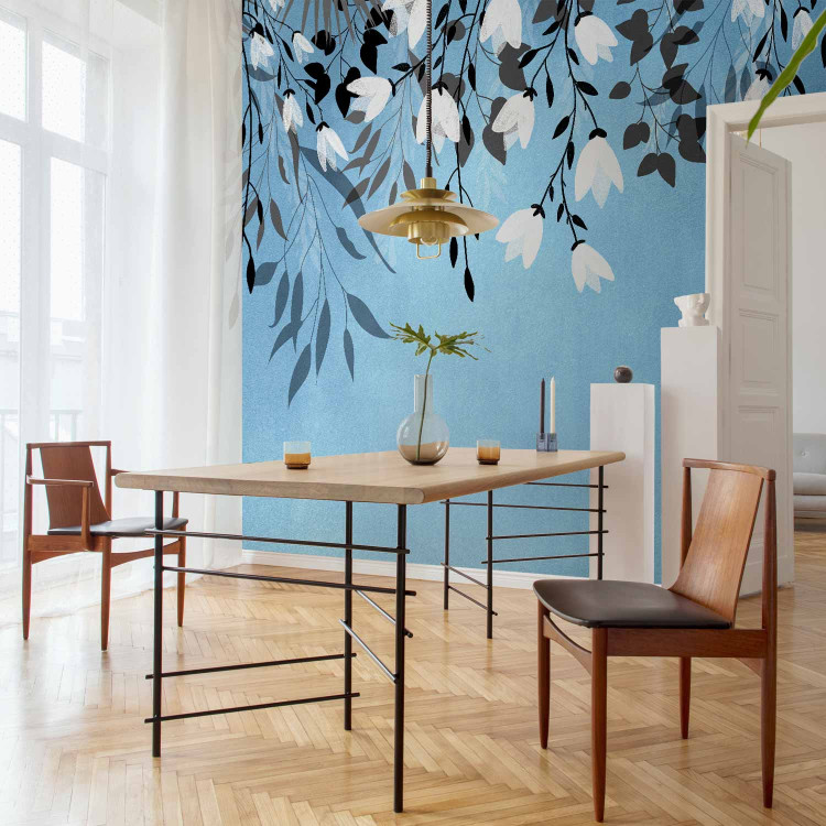 Wall Mural Blue energy - landscape with a loose composition of leaves and white flowers 143519 additionalImage 7