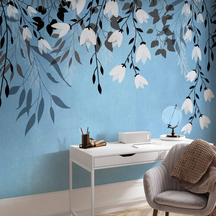 Wall Mural Blue energy - landscape with a loose composition of leaves and white flowers 143519 additionalImage 4