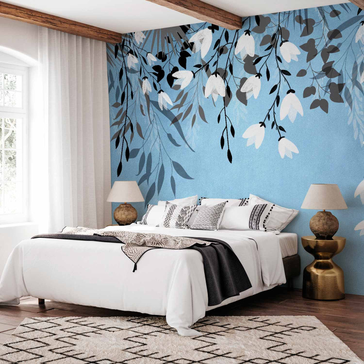 Wall Mural Blue energy - landscape with a loose composition of leaves and white flowers 143519 additionalImage 2