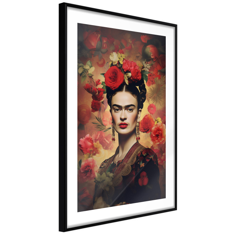 Poster Portrait With Roses - Frida Kahlo on a Brown Background Full of Flowers 152219 additionalImage 9