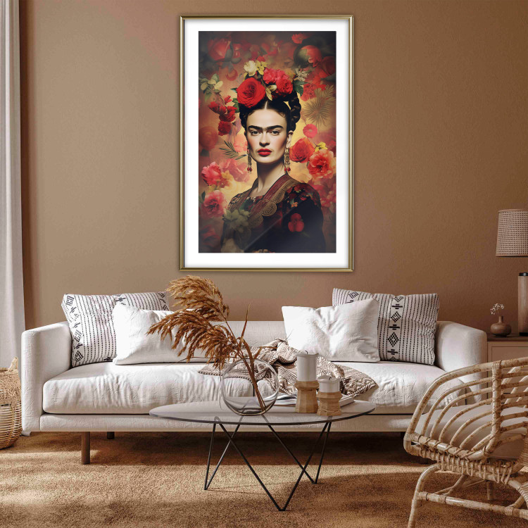 Poster Portrait With Roses - Frida Kahlo on a Brown Background Full of Flowers 152219 additionalImage 12