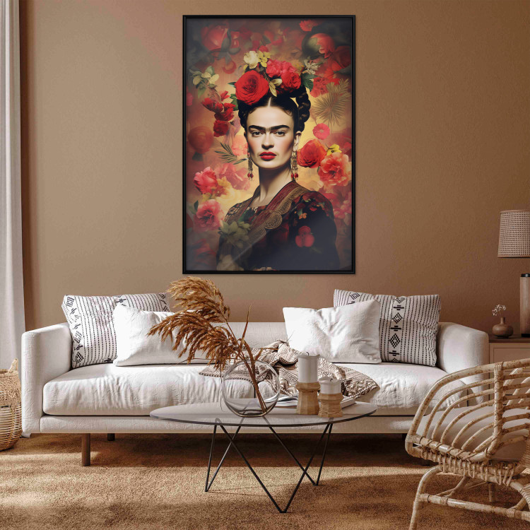 Poster Portrait With Roses - Frida Kahlo on a Brown Background Full of Flowers 152219 additionalImage 8