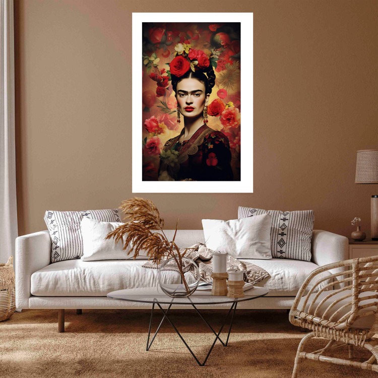 Poster Portrait With Roses - Frida Kahlo on a Brown Background Full of Flowers 152219 additionalImage 7