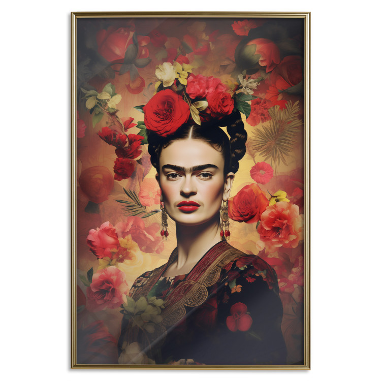 Poster Portrait With Roses - Frida Kahlo on a Brown Background Full of Flowers 152219 additionalImage 16
