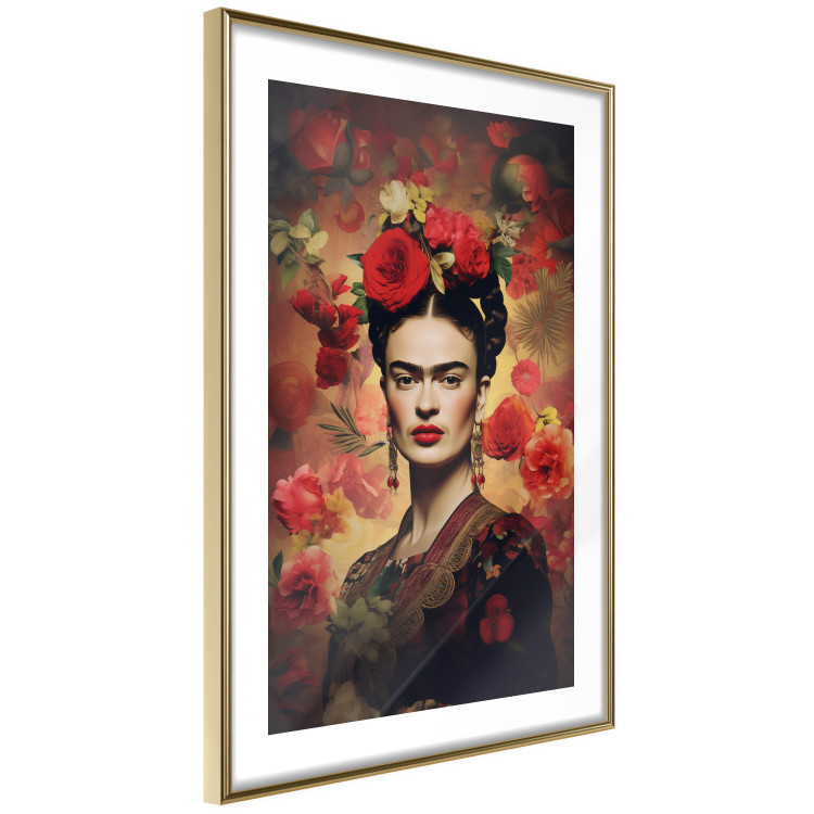 Poster Portrait With Roses - Frida Kahlo on a Brown Background Full of Flowers 152219 additionalImage 10