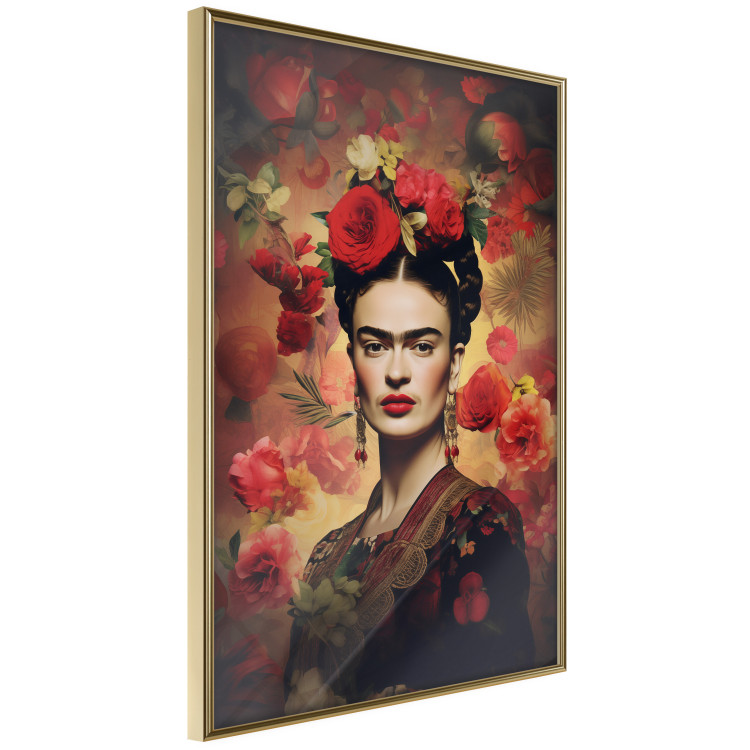 Poster Portrait With Roses - Frida Kahlo on a Brown Background Full of Flowers 152219 additionalImage 6