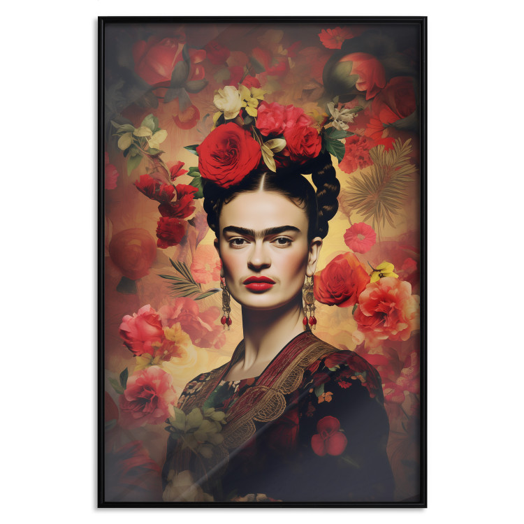 Poster Portrait With Roses - Frida Kahlo on a Brown Background Full of Flowers 152219 additionalImage 14