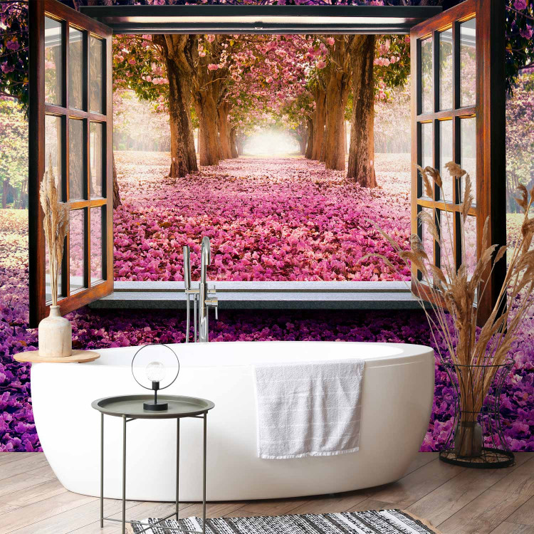Wall Mural Window in the middle of the forest - view from the window on a purple landscape of trees and flowers 97319 additionalImage 8