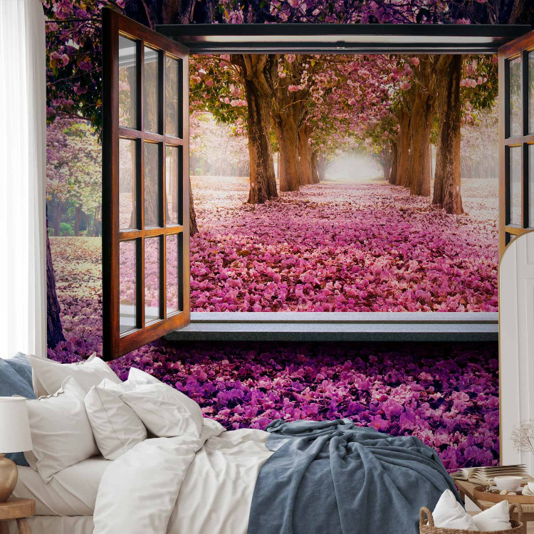 Wall Mural Window in the middle of the forest - view from the window on a purple landscape of trees and flowers 97319 additionalImage 2