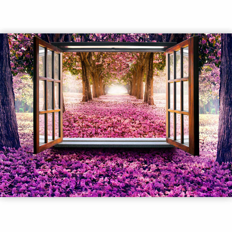 Wall Mural Window in the middle of the forest - view from the window on a purple landscape of trees and flowers 97319 additionalImage 1