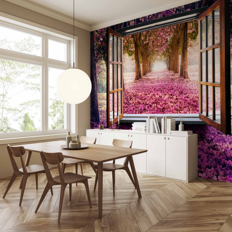 Wall Mural Window in the middle of the forest - view from the window on a purple landscape of trees and flowers 97319 additionalImage 4