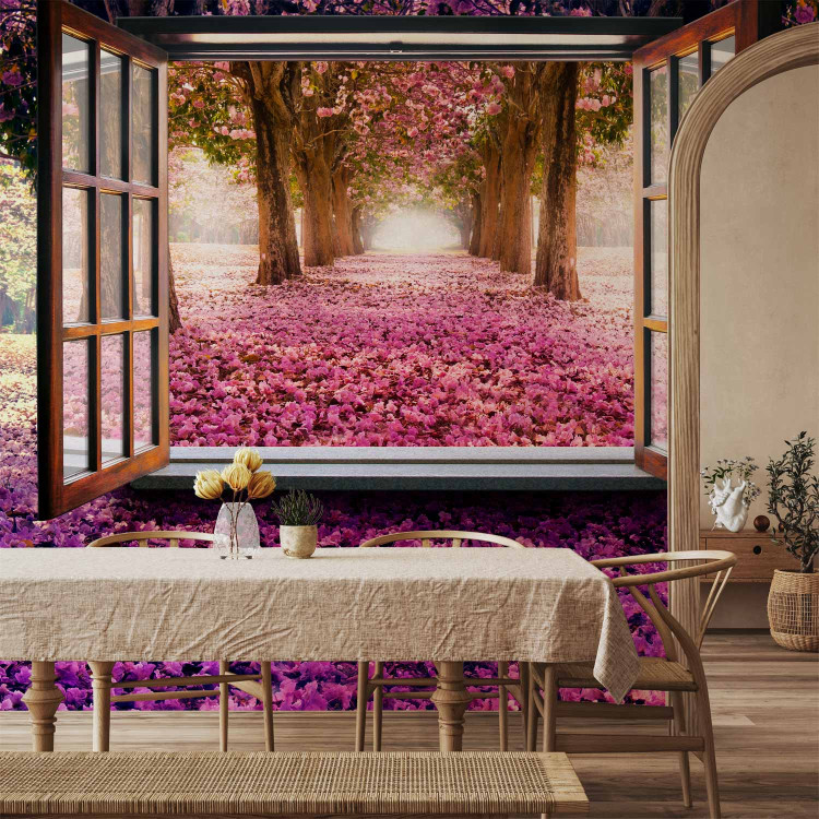 Wall Mural Window in the middle of the forest - view from the window on a purple landscape of trees and flowers 97319 additionalImage 6
