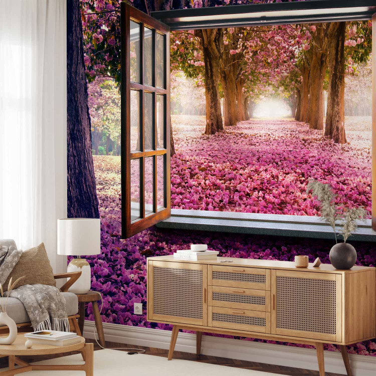 Wall Mural Window in the middle of the forest - view from the window on a purple landscape of trees and flowers 97319