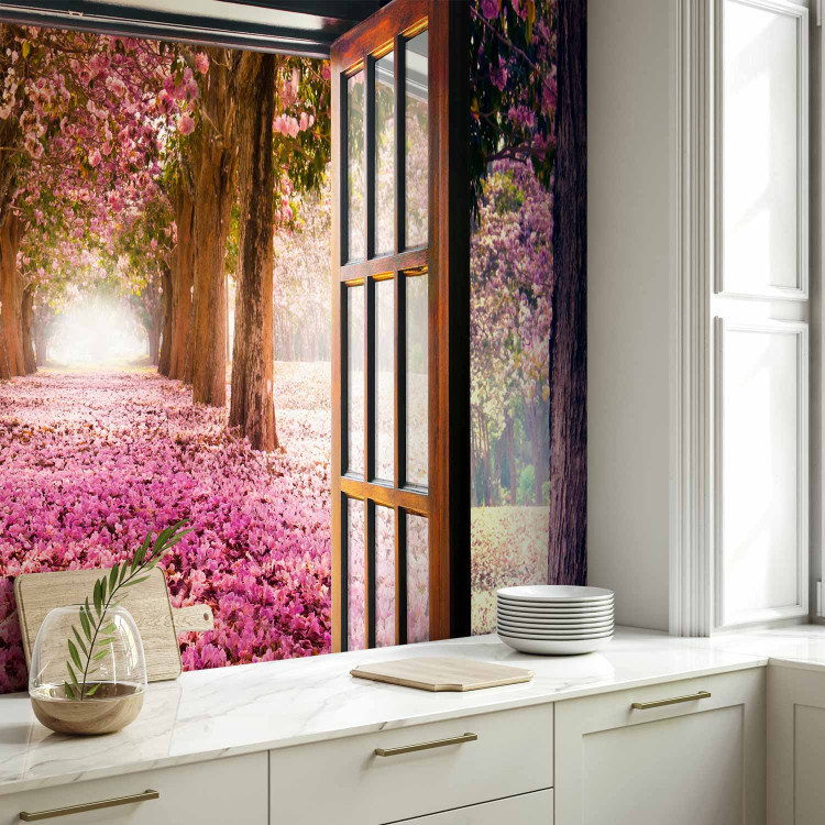 Wall Mural Window in the middle of the forest - view from the window on a purple landscape of trees and flowers 97319 additionalImage 7