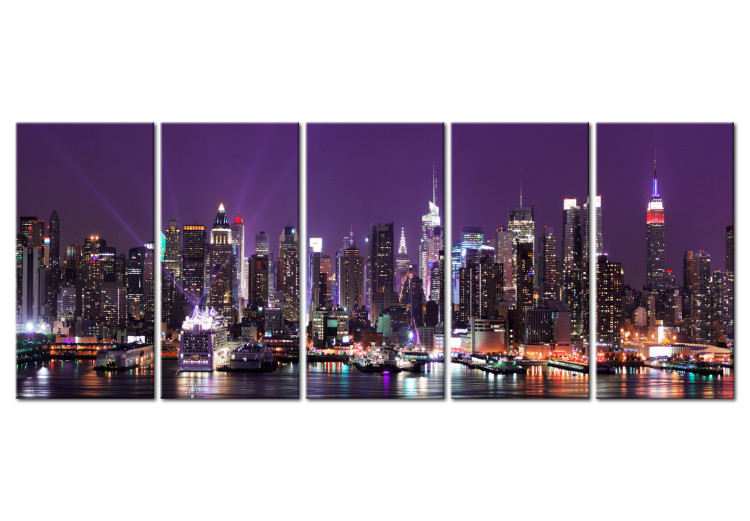 Canvas Art Print New York: Skyscrapers (5-piece) - Skyscrapers and Ocean at Night 98219