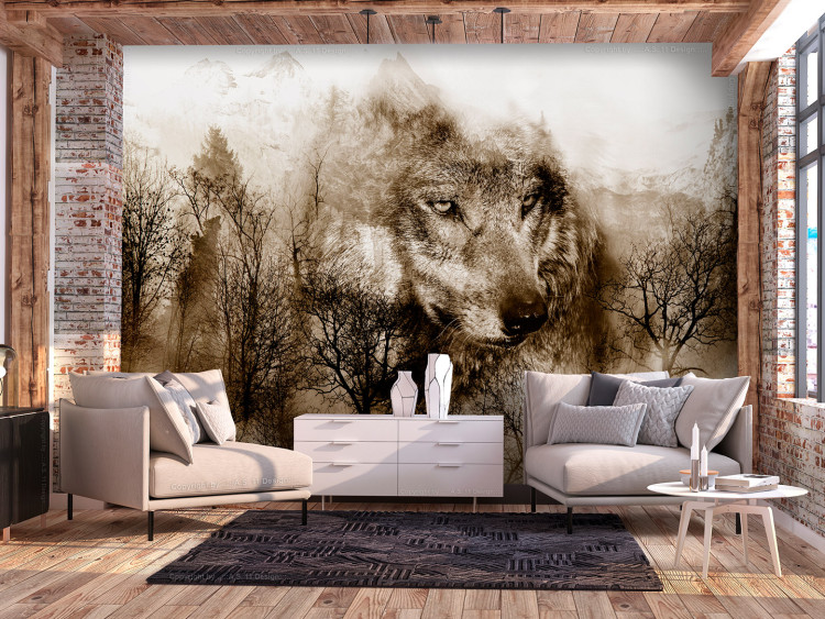Wall Mural Predator from the mountains - lone wolf among forest trees in the mountains in sepia 108229