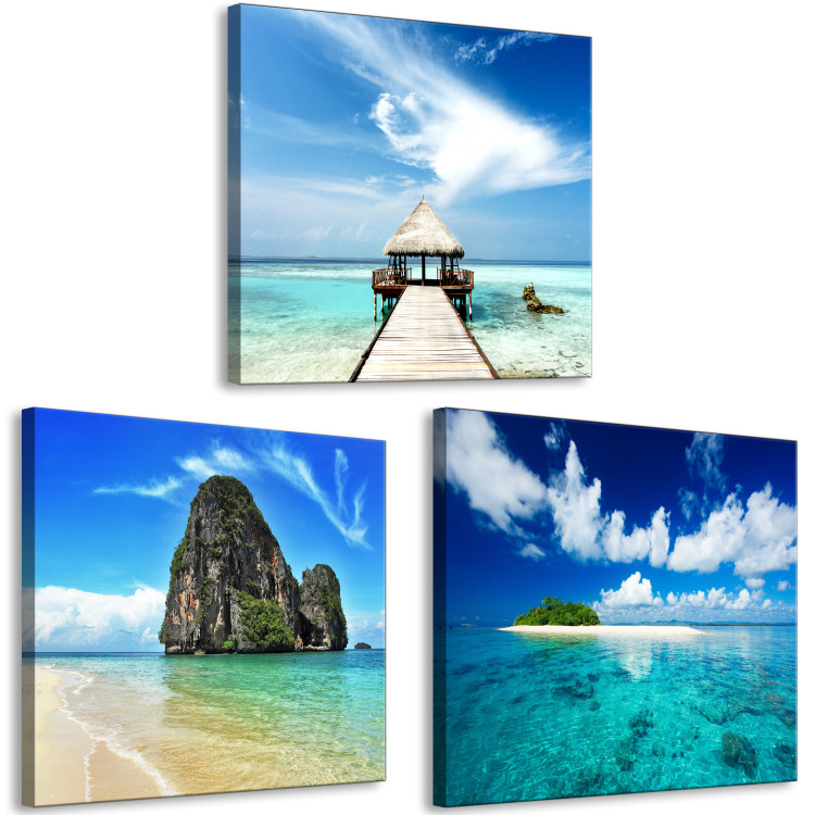 Canvas Art Print In the Land of Blue (3-part) - Seascape and Golden Beach 122829 additionalImage 2